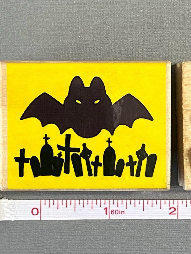 Party Favors Craft Making Card Making Invitations Halloween Stamp Bat and Graveyard Rubber Stamps Mounted on Wood Block Scrapbooking