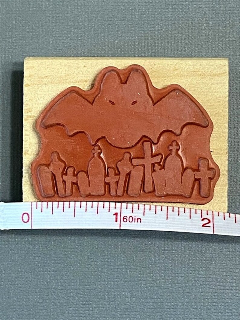 Party Favors Craft Making Card Making Invitations Halloween Stamp Bat and Graveyard Rubber Stamps Mounted on Wood Block Scrapbooking