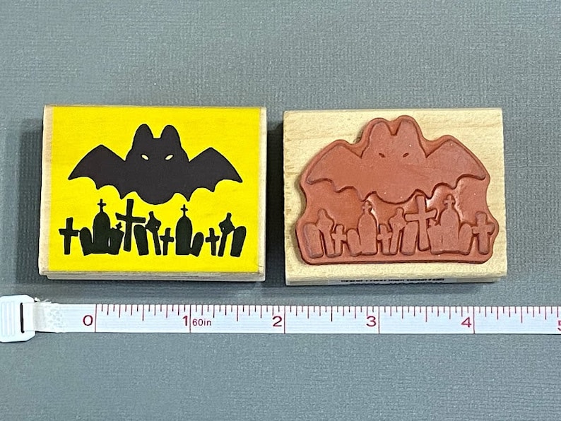Party Favors Craft Making Card Making Invitations Halloween Stamp Bat and Graveyard Rubber Stamps Mounted on Wood Block Scrapbooking