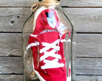 IMPOSSIBLE BOTTLE / Red Shoe /  Tennis Shoe, Sneaker in a Glass Milk Bottle, Puzzle