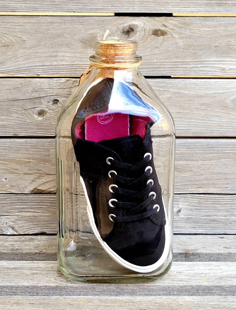 IMPOSSIBLE BOTTLE –  Black Tennis Shoe / Sneaker in a Vintage Glass Milk Bottle, Puzzle!