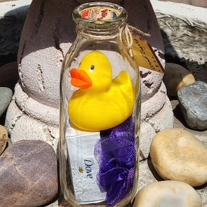 IMPOSSIBLE BOTTLE / Bathroom Décor - Bar Soap, Rubber Duck, & Loofah in a Vintage SQUARE Milk Bottle