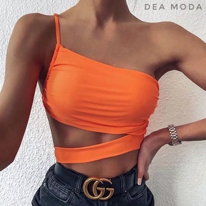 American Fashion Sexy Women Top Crop Top Rope Top Tube Top One Shoulder Hot Style Fluorescent Orange Black Tank