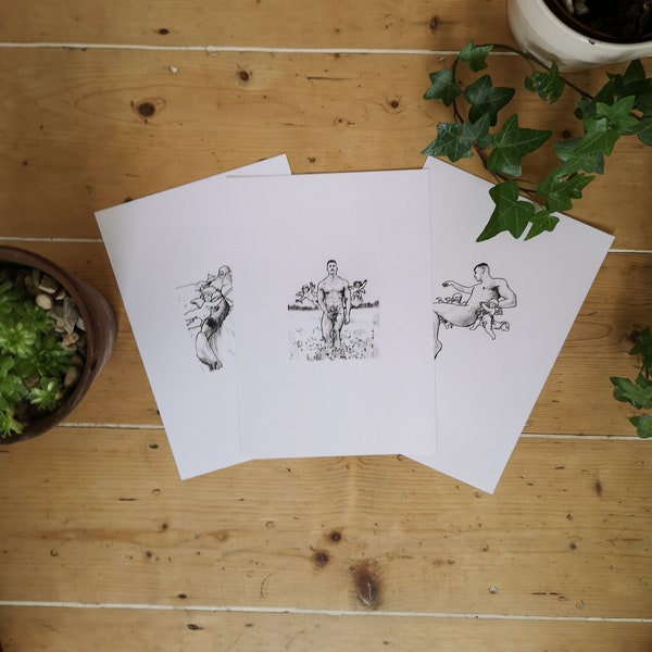 Set of A5 Prints, Male Nude and Cherubs, Line Drawing Fine Art Digital Prints