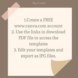 Puede incluir: Una nota adhesiva beige con instrucciones para usar plantillas de Canva. La nota est&aacute; adherida a un fondo marr&oacute;n con cinta adhesiva rosa claro. El texto incluye los pasos para crear una cuenta gratuita, acceder a plantillas y exportar como JPG.