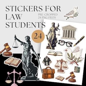 May include: A set of 24 pre-cropped PNG stickers for law students. The stickers include illustrations of Lady Justice, a gavel, books, scales, a briefcase, and other legal symbols. The text "Stickers for Law Students" is displayed at the top.
