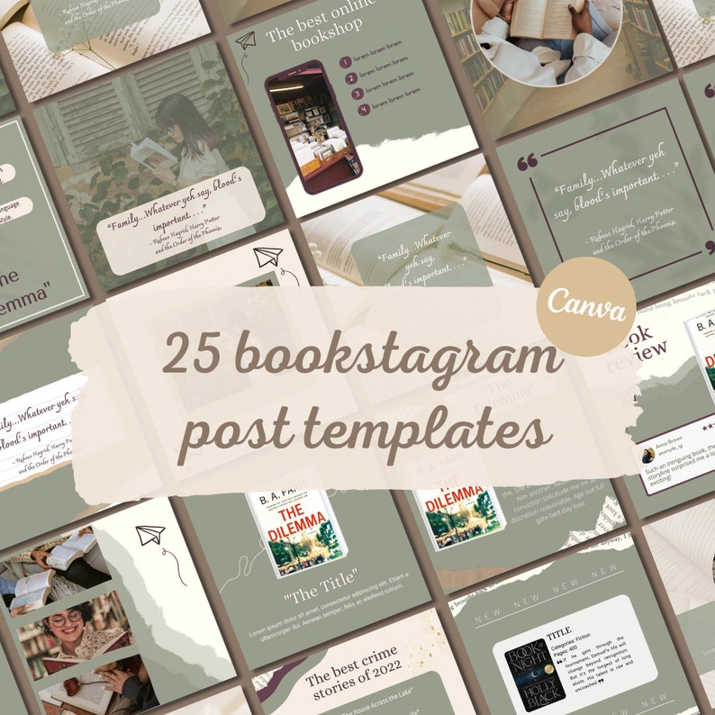 Puede incluir: Un conjunto de 25 plantillas de publicaciones de bookstagram en tonos verdes y beige apagados. Las plantillas presentan portadas de libros, citas e im&aacute;genes de personas leyendo. El texto incluye "25 plantillas de publicaciones de bookstagram" y "The best online bookshop."