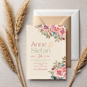 Floral Wedding Invitation | Watercolor Flowers & Elegant Script | Editable Canva Template | Digital Download