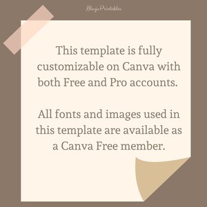Puede incluir: Una plantilla digital beige con texto sobre un fondo marr&oacute;n. El texto indica que la plantilla es personalizable en Canva con cuentas gratuitas y pro. Todas las fuentes e im&aacute;genes est&aacute;n disponibles para los miembros de Canva Free.