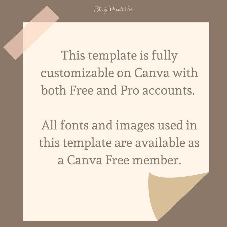 Puede incluir: Una plantilla digital beige con texto sobre un fondo marr&oacute;n. El texto indica que la plantilla es personalizable en Canva con cuentas gratuitas y pro. Todas las fuentes e im&aacute;genes est&aacute;n disponibles para los miembros de Canva Free.