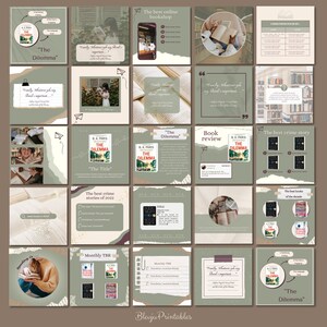 Puede incluir: Una serie de publicaciones en redes sociales con una paleta de colores verde y marr&oacute;n apagados, que promocionan libros y la lectura. Las publicaciones presentan portadas de libros, citas y el t&iacute;tulo "The Dilemma" de B.A. Paris. El tema general es una librer&iacute;a o una rese&ntilde;a de libros.