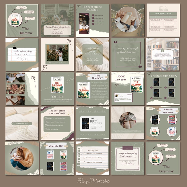 Puede incluir: Una serie de publicaciones en redes sociales con una paleta de colores verde y marr&oacute;n apagados, que promocionan libros y la lectura. Las publicaciones presentan portadas de libros, citas y el t&iacute;tulo "The Dilemma" de B.A. Paris. El tema general es una librer&iacute;a o una rese&ntilde;a de libros.