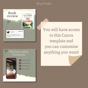 Puede incluir: Un dise&ntilde;o gr&aacute;fico digital con una rese&ntilde;a de libro y publicidad de librer&iacute;a online. La portada del libro dice "The Dilemma" de B.A. Paris. El texto incluye una rese&ntilde;a de cliente y la frase "&iexcl;Tendr&aacute;s acceso a esta plantilla de Canva y podr&aacute;s personalizar cualquier cosa que quieras!"