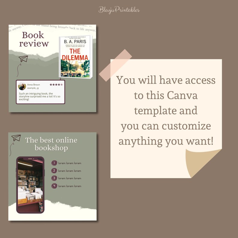 Puede incluir: Un dise&ntilde;o gr&aacute;fico digital con una rese&ntilde;a de libro y publicidad de librer&iacute;a online. La portada del libro dice "The Dilemma" de B.A. Paris. El texto incluye una rese&ntilde;a de cliente y la frase "&iexcl;Tendr&aacute;s acceso a esta plantilla de Canva y podr&aacute;s personalizar cualquier cosa que quieras!"