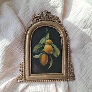 Original Lemon Oil Painting on Wood – Mediterranean Still Life Art – Handmade Gilded Arch Frame – Vintage Kitchen Decor