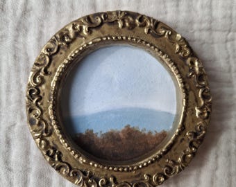 Miniature Oil Painting Landscape – Artwork in Handmade Frame – Nature Wall Art, Unique Gift, Mountains, Forest, Sky, Trees, 8x8cm
