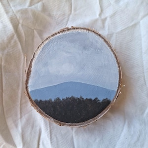 Peinture à l’huile originale de montagnes sur tranche d’arbre, art mural de montagnes, mini peinture à l’huile, petite peinture, mini cadeau, décoration de salon, art peint à la main