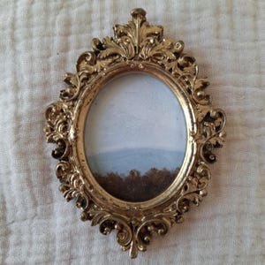 Miniature Oil Painting Landscape – Artwork in Handmade Frame – Nature Wall Art, Unique Gift, Mountains, Forest, Sky, Trees, 4,9x6,7cm