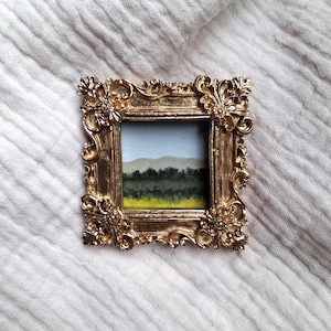 Original Tiny Landscape Oil Painting – Miniature Meadow Artwork in Antique Gold Frame – One of a Kind Small Nature Painting – 5.5 x 5.5 cm