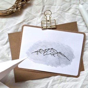 Handgemalte Aquarell Karte mit Bergen, Felsen, Klappkarte mit Bergpanorama, Grußkarte, Aquarellmalerei Winterlandschaft Unikat