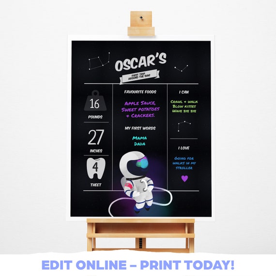 Editable Birthday Chalkboard Milestone Sign, Space Boy. Boy First Birthday. Download Printable Template Digital Corjl - EDIT ONLINE - 16x20" Il_570xn