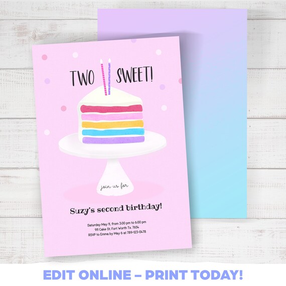 TWO Sweet Birthday Invitation, Rainbow Cake, Girls 2nd Birthday