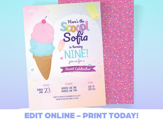 Ice Cream Birthday, Here is the Scoop Invitation. Corjl - DIY Printable 5x7" - EDIT ONLINE Il_570xn