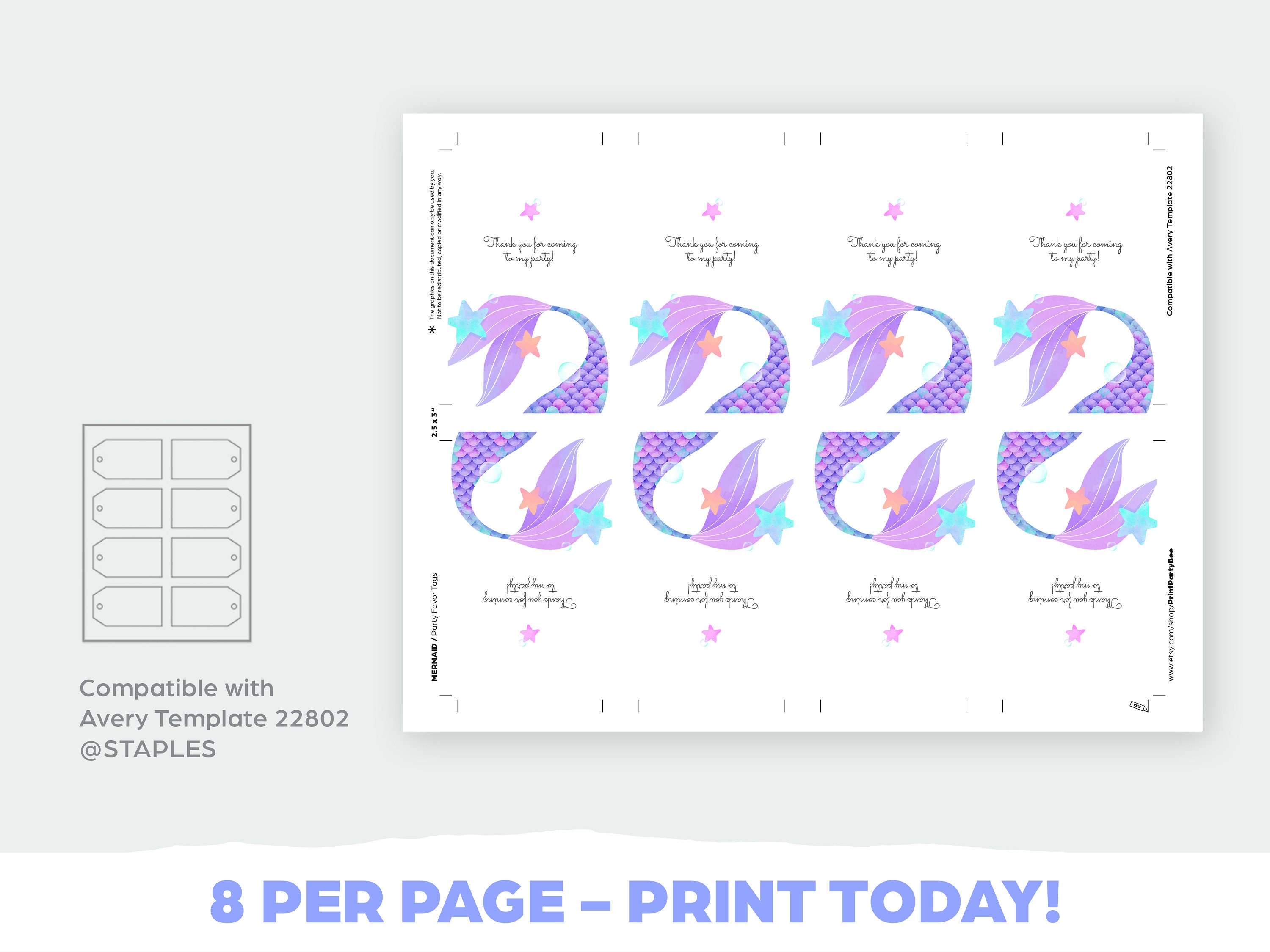 Mermaid Birthday, Thank You TAG. Birthday Invitation matching item - INSTANT DOWNLOAD (Avery template compatible).