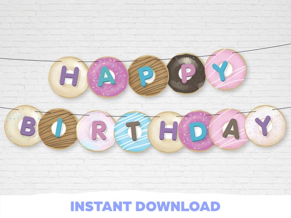 Happy Birthday Banner Donut Birthday Banner Girl Pink Donut Party Birthday Doughnut Decoration INSTANT DOWNLOAD Printable Digital DIY Il_570xn