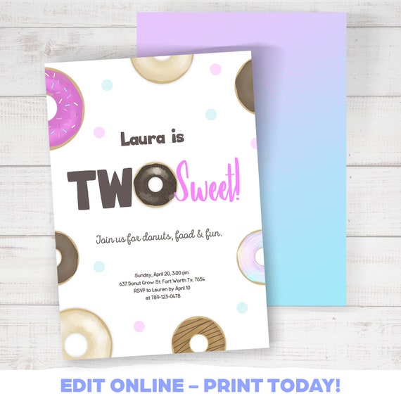 Editable Birthday Invitation, Two Sweet Donut Girl 2nd Birthday. Download Printable Template Digital Corjl - EDIT ONLINE Il_570xn