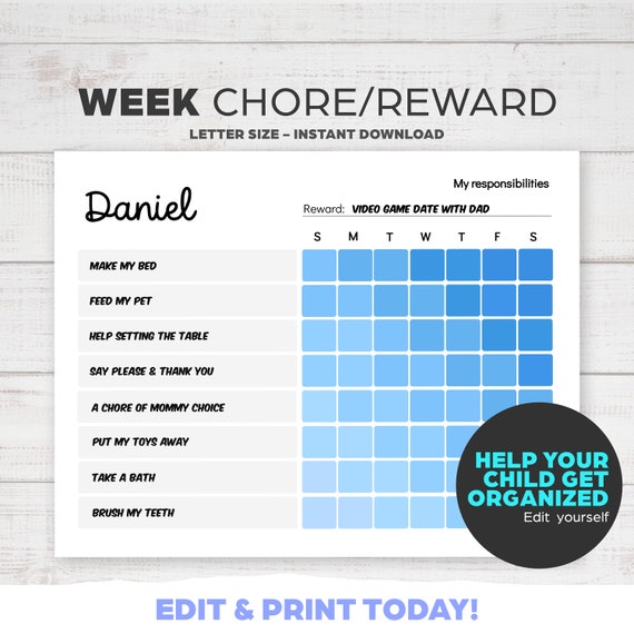 Responsibilities Chart for Kids (Blue) - Editable template. Il_570xn