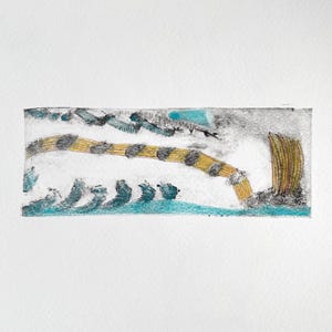 May include: A rectangular print on white paper featuring a horizontal composition. It displays a curved, golden-yellow striped form extending toward a vertical, golden-yellow textured structure, set against a background of teal and black marks.