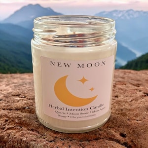 New Moon Candle - Crystal and Herb Intention Candle - Handmade soy Candle - New Moon Ritual Candle