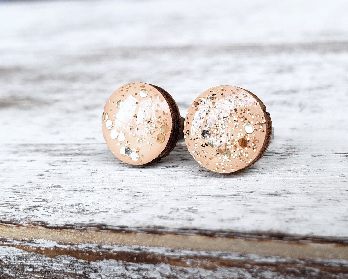 Peach Gold Glitter Earrings peach gold studs peach shimmer | Etsy