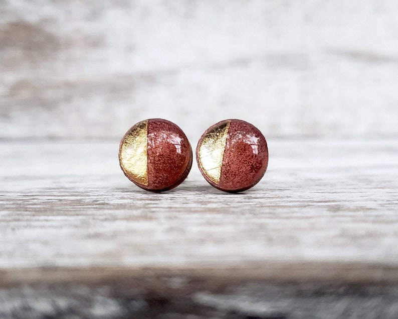 elegant studs dark red posts modern red earrings Ruby Red Earrings minimal red jewelry red gold studs red shimmer 10mm gold dipped