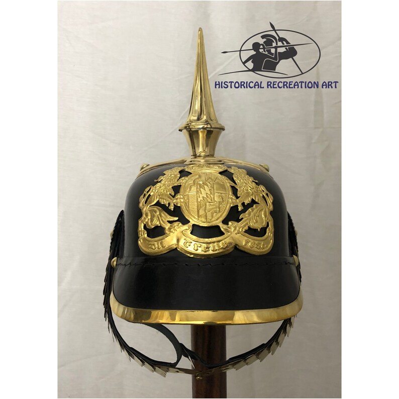 THORINSTRUMENTS WWI & WWII German Prussian Pickelhaube Helmet – Brass Accents, Imperial Officer Spike Helmet – Includes Wooden Stand, For Costume, LARP, Theatre