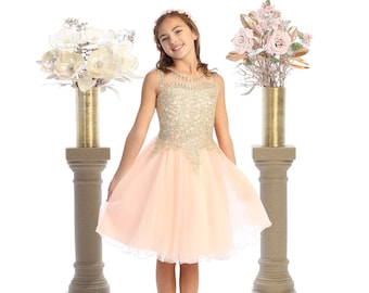 Blush Tulle short flower girl dress with golden embroidered bodice