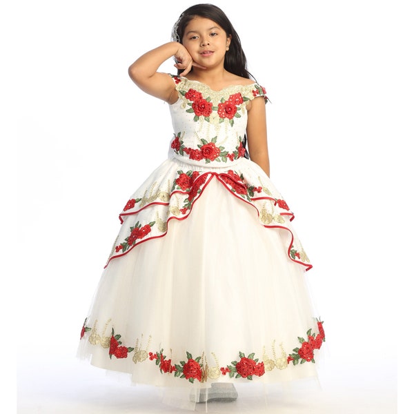 Ivory and Red Charro style dress for girls. With embroidered appliques and embellished with sequins and rhinestones