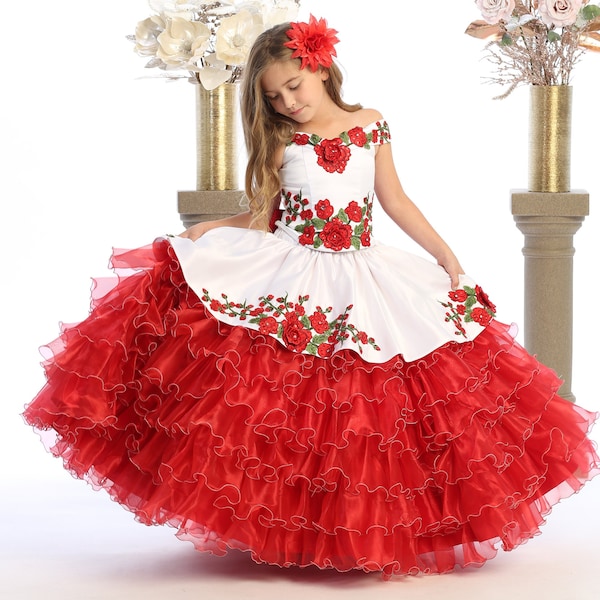 White and red Charro dress for girls with Red roses and green leaves embellished with rhinestones and sequins