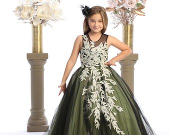 Beautiful sage green and black dress for girls with train and a buttoned back closure.