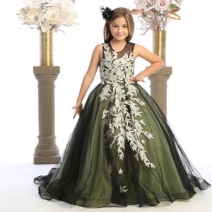 Beautiful sage green and black dress for girls with train and a buttoned back closure. image 1