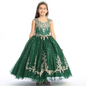 Girls Emerald Green and Gold sequins and glitter dress with a corset back and gold embroidery appliques