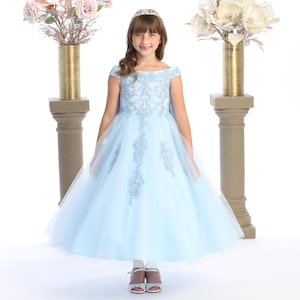 Baby Blue embroidered A line dress for girls with light glittered tulle.