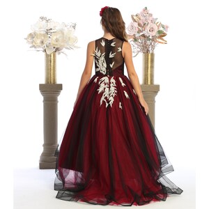 Beautiful burgundy and black dress for girls with train and a buttoned back closure. image 4