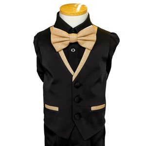 Boy's Gold glitter suit, shiny light gold champagne suit with black pants , matching vest, gold bow-tie, Black shirt, and the Gold jacket image 2
