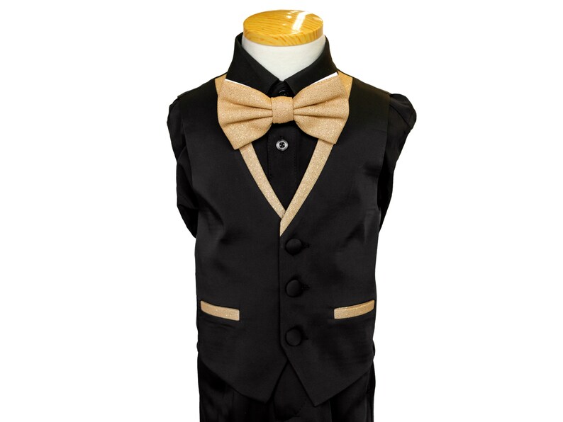 Boy's Gold glitter suit, shiny light gold champagne suit with black pants , matching vest, gold bow-tie, Black shirt, and the Gold jacket image 2