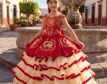Girls Red Charro Dress with Removable Ruffle Skirt | Mexican Folklorico | Escaramuza Dress | Vestido de Fiesta
