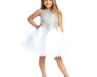 White Tulle short flower girl dress with silver embroidered bodice