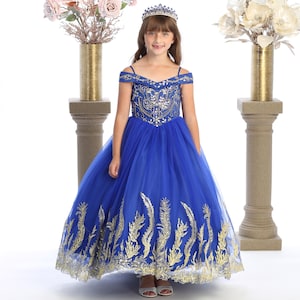 Royal Blue off the shoulder dress for pageants and special events .