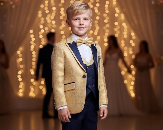 navy tux with gold dress Boys Gold Jacquard Tuxedo Suit | Navy Blue Formal Tux| Ring Bearer Outfit |  Wedding Tuxedo